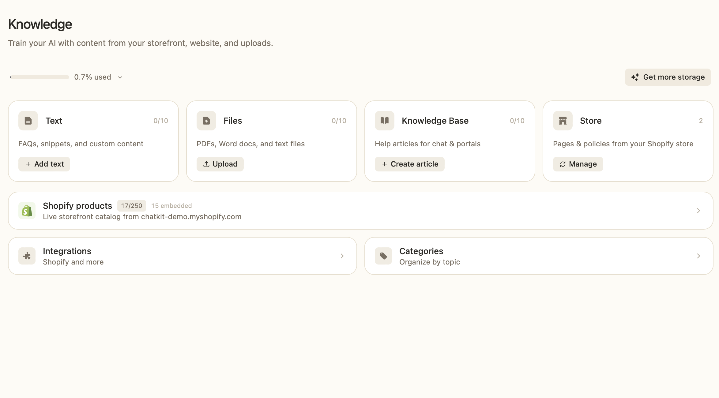 Train the Shopify chatbot on your knowledge